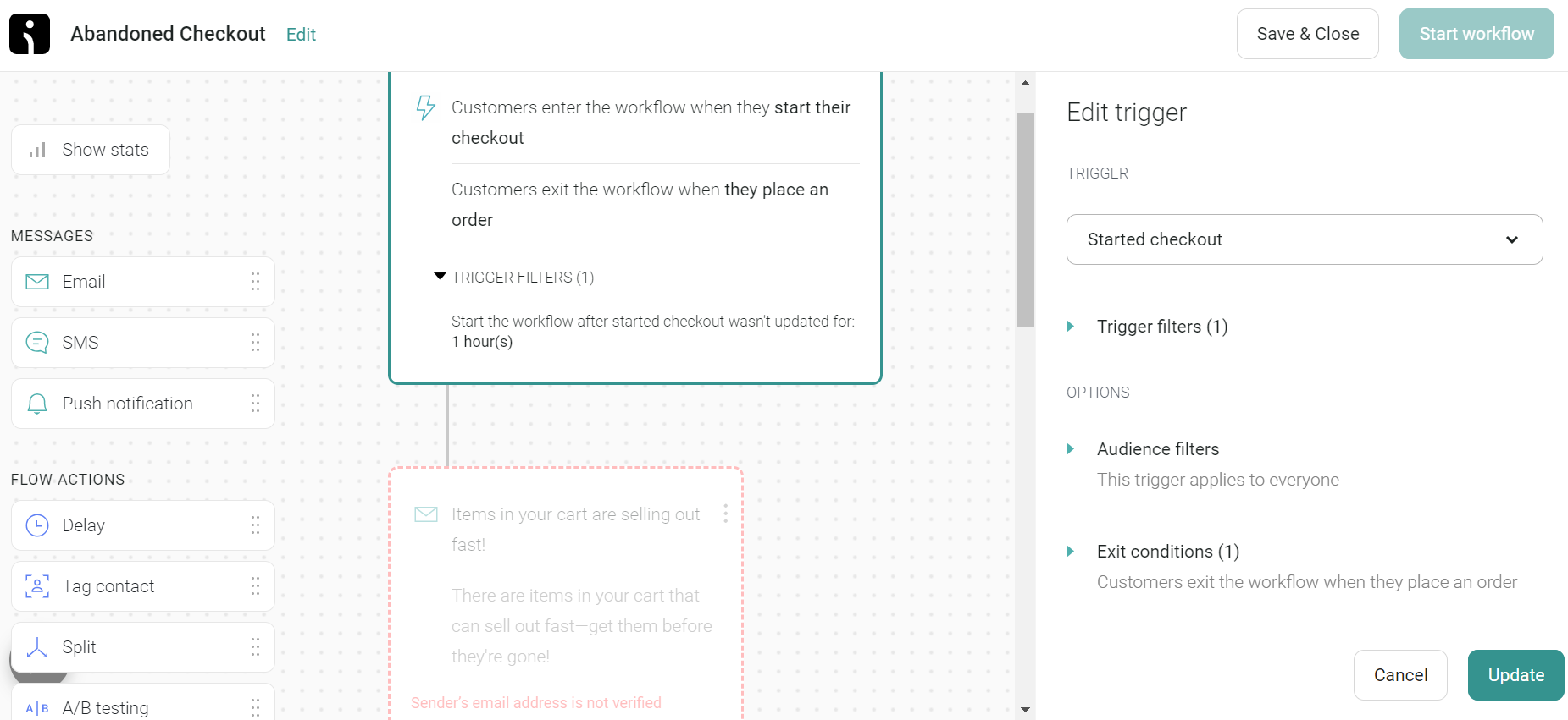 Omnisend 3 An email workflow editor page.