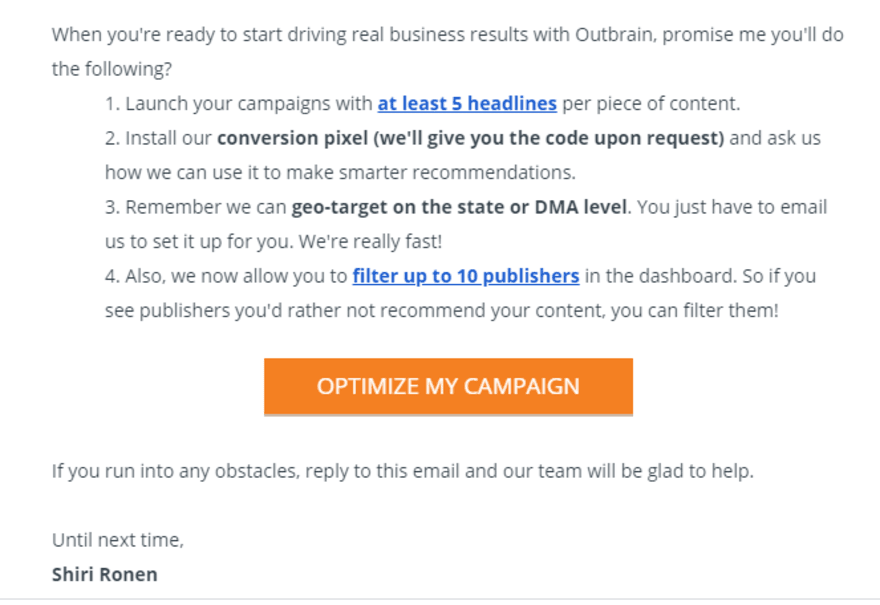 Outbrain B2B email marketing CTA Outbrain email explaining what it offers and an orange button for "optimize my campaign"