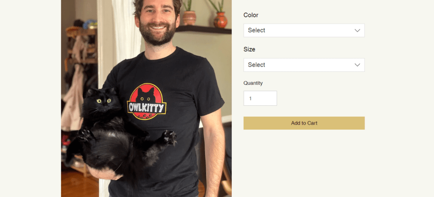 Product page for OwlKitty's print on demand t-shirt