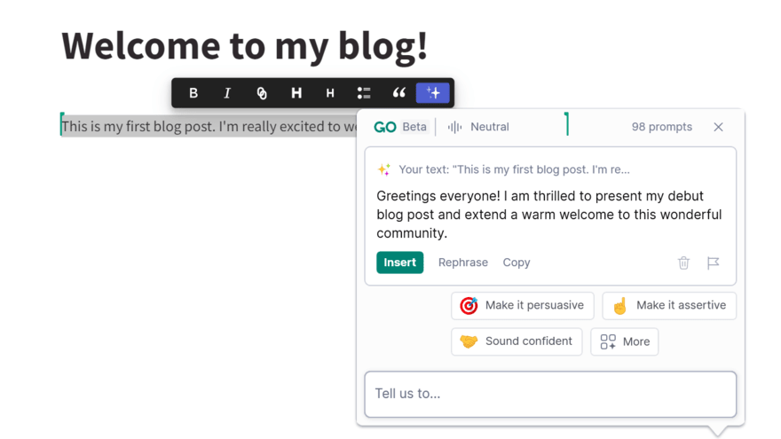 Pagecloud AI beta Creating a blog post with Pagecloud, with a line of text highlighted for the AI pop up to generate enhanced copy