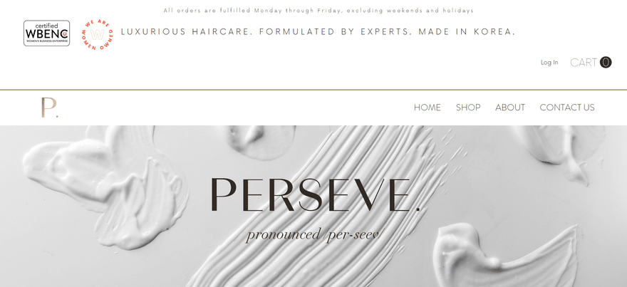 PERSEVE homepage Hair care brand PERSEVE home page with shampoo smears on background