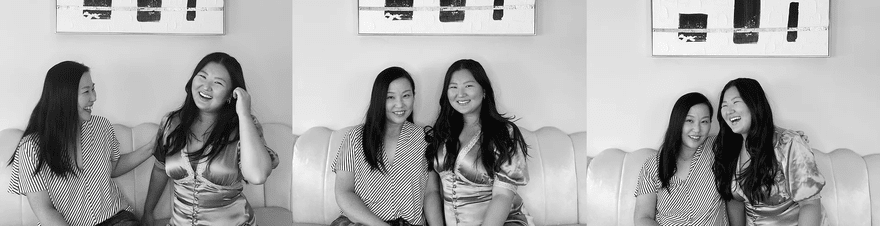 PERSEVE mother daughter Three black and white images of PERSEVE owners sat on a couch together