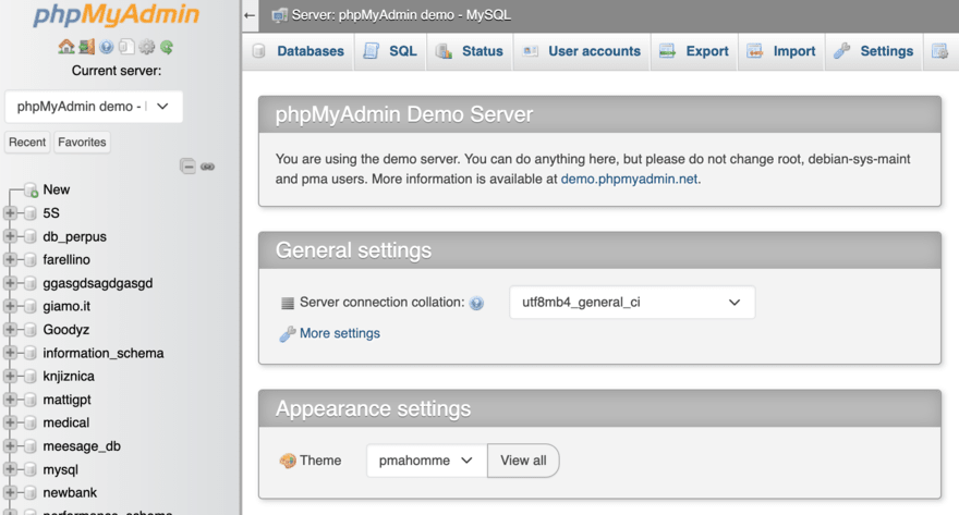 phpmyadmin database database navigation