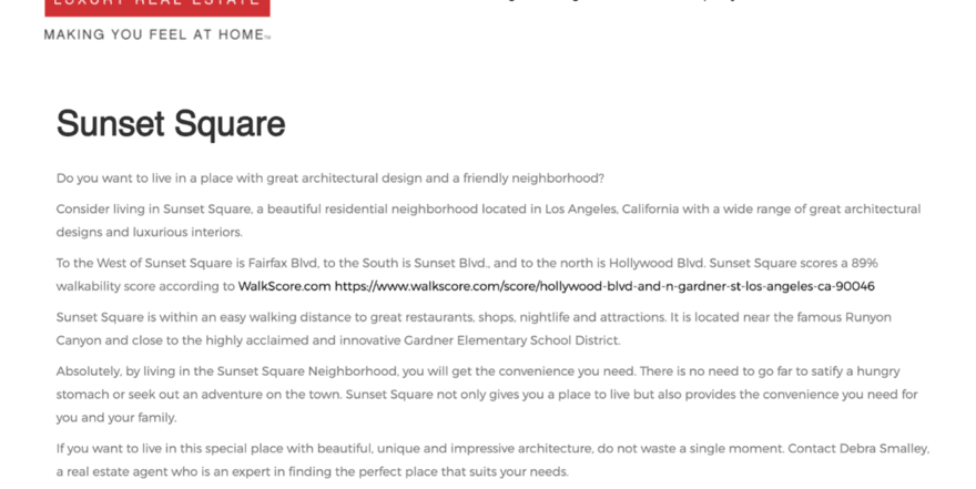DS2 Text from a real estate website promoting Sunset Square, a neighborhood in Los Angeles with great architectural designs, walkability, and proximity to amenities and schools.