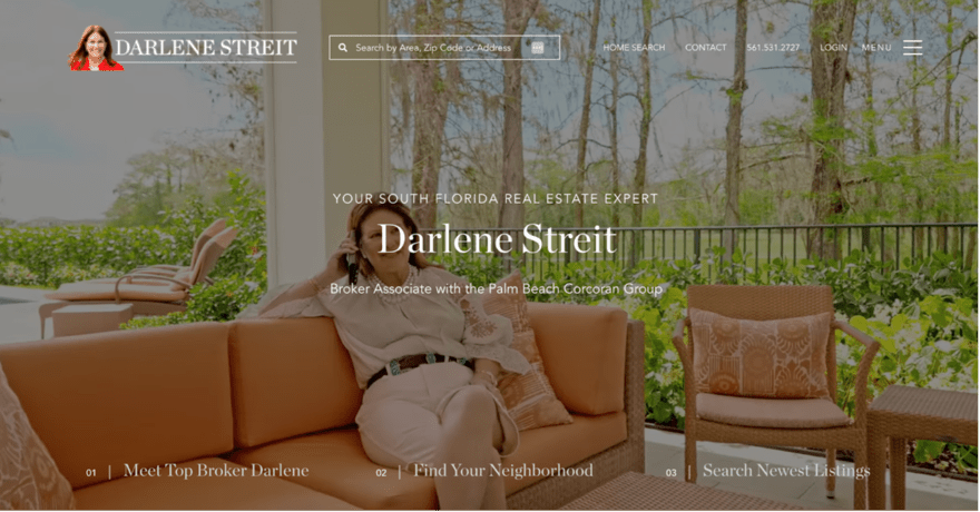 Darlene Real estate web page for Darlene Streit, presenting her as a South Florida real estate expert, with a serene patio setting in the background.