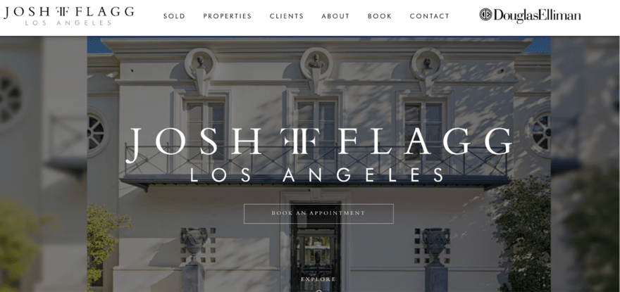 JF The website header for Josh Flagg Real Estate in Los Angeles, featuring the facade of a luxurious property with an invitation to book an appointment.