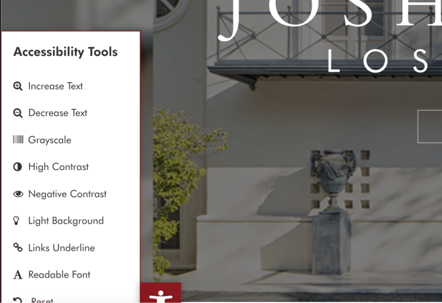 JF2 A website accessibility tools menu, offering options like text size adjustment and color contrast changes to enhance user experience for better website navigation.