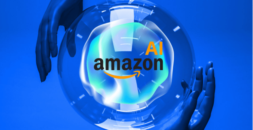 A digital image of two hands cradling a transparent sphere with the Amazon logo and the letters 'AI' inside, set against a blue background.