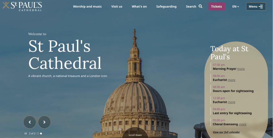 Homepage of St Paul's Cathedral website featuring its iconic dome, with visitation times and services like Morning Prayer and Choral Evensong listed