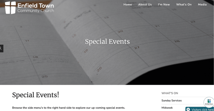 Webpage of Enfield Town Community Church highlighting 'Special Events' with a close-up of a calendar and a navigation menu for church services and activities.