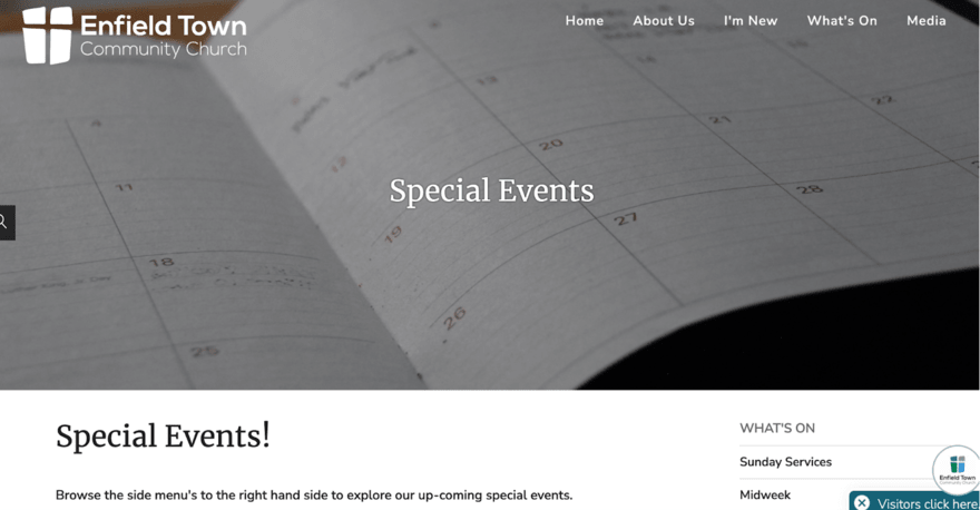 Church in Enfield, UK Webpage of Enfield Town Community Church highlighting 'Special Events' with a close-up of a calendar and a navigation menu for church services and activities.