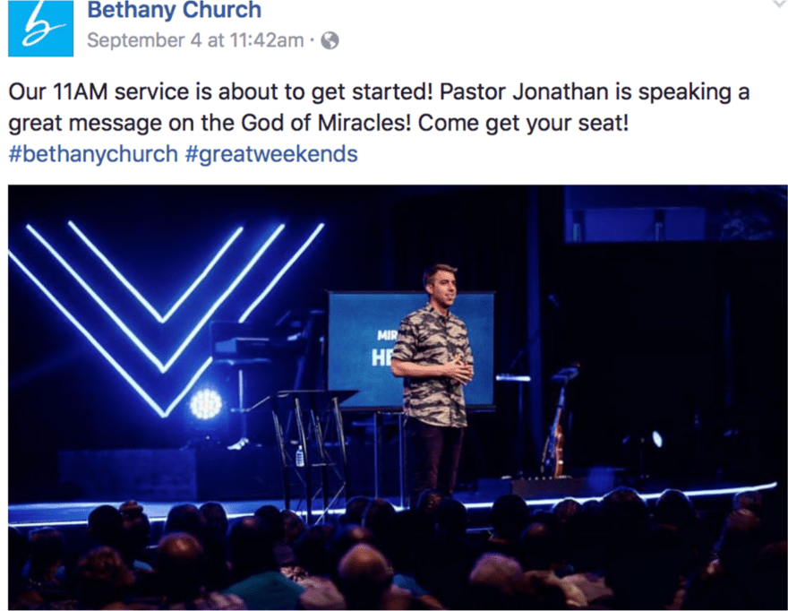 Social media post from Bethany Church announcing an 11AM service with Pastor Jonathan about to speak on the God of Miracles in front of an audience.