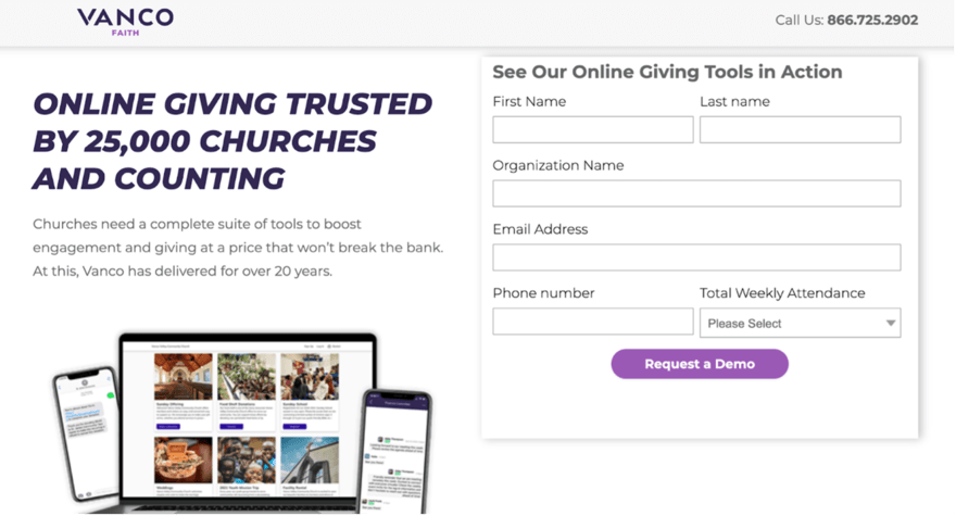 Vanco Faith website section highlighting online giving trusted by over 25,000 churches with a form to see giving tools in action and a contact number.