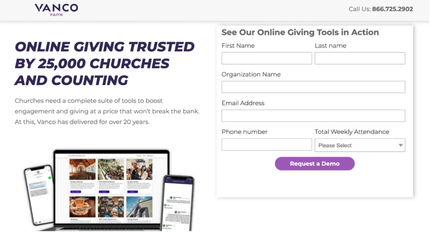 Church software Vanco Faith website section highlighting online giving trusted by over 25,000 churches with a form to see giving tools in action and a contact number.