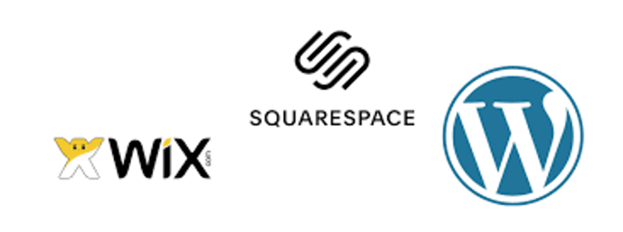 Website builder platforms for blogs Logos of Wix, Squarespace, and WordPress, representing popular website creation and content management platforms.