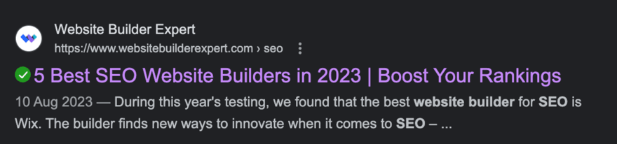 Search result snippet from Website Builder Expert with the title '5 Best SEO Website Builders in 2023 | Boost Your Rankings' dated 10 August 2023, mentioning Wix for SEO innovation.