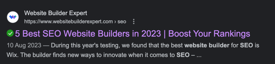 On-page SEO Search result snippet from Website Builder Expert with the title '5 Best SEO Website Builders in 2023 | Boost Your Rankings' dated 10 August 2023, mentioning Wix for SEO innovation.