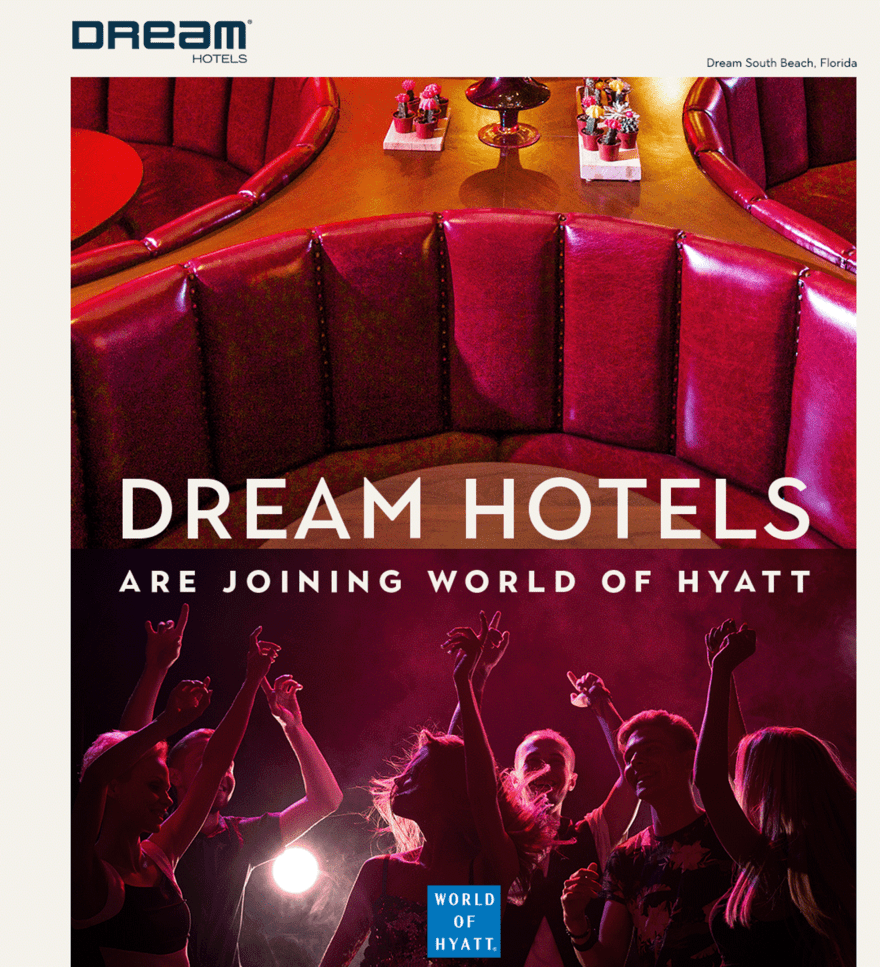 Hyatt promotional email Promotional image announcing Dream Hotels joining the World of Hyatt with vibrant visuals of a nightclub scene and plush seating area.