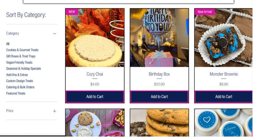 Food truck products Screenshot of a bakery website selling cookies, cakes, and other baked goods. The website has a variety of categories, including "Cookies & Gourmet Treats", "Gift Boxes & Treat Trays", "Vegan-Friendly Treats", "Seasonal & Holiday Specials", "Add-Ons & Extras", and "Custom Design Treats". The featured treats are a Cozy Chai for $4.00, a Birthday Box for $52.00, and a Monster Brownie for $8.00.