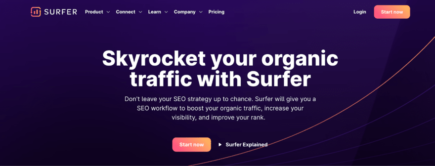 Surfer's website header promoting their SEO tool with the tagline "Skyrocket your organic traffic with Surfer" and a call to action to "Start now".