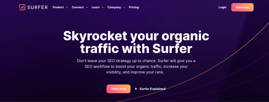 Surfer AI Surfer's website header promoting their SEO tool with the tagline "Skyrocket your organic traffic with Surfer" and a call to action to "Start now".