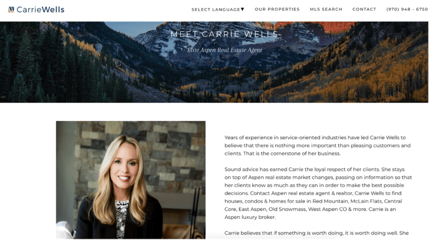 CW Profile page of Carrie Wells, a real estate agent in Aspen, with her portrait and a backdrop of the Aspen mountains, detailing her client-focused approach.