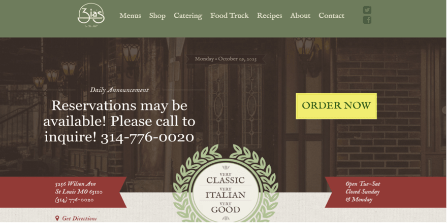 Zia Restaurant website screenshot showing reservations may be available. Call (314) 777-0020 to inquire.