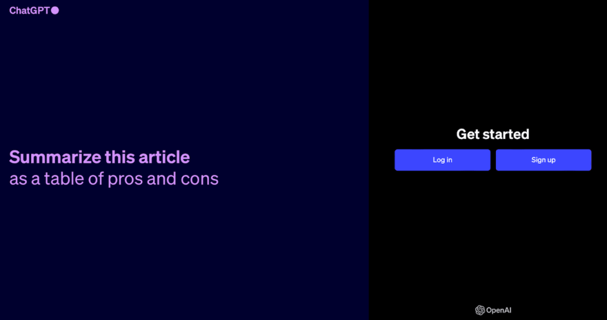ChatGPT A placeholder image featuring ChatGPT's logo and the text "Summarize this article as a table of pros and cons" with a "Get started" button offering "Log in" and "Sign up" options.
