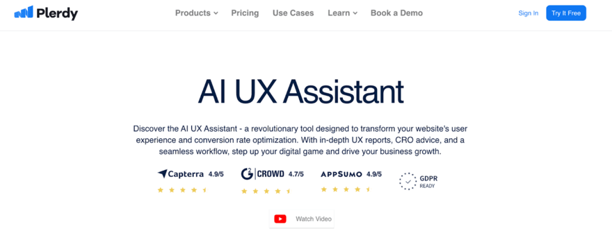 Plerdy's website showcasing the AI UX Assistant tool, claiming revolutionary transformation of user experience and conversion rate optimization with high ratings from Capterra and AppSumo displayed.