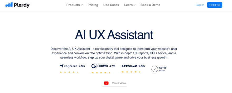 Perdy Plerdy's website showcasing the AI UX Assistant tool, claiming revolutionary transformation of user experience and conversion rate optimization with high ratings from Capterra and AppSumo displayed.