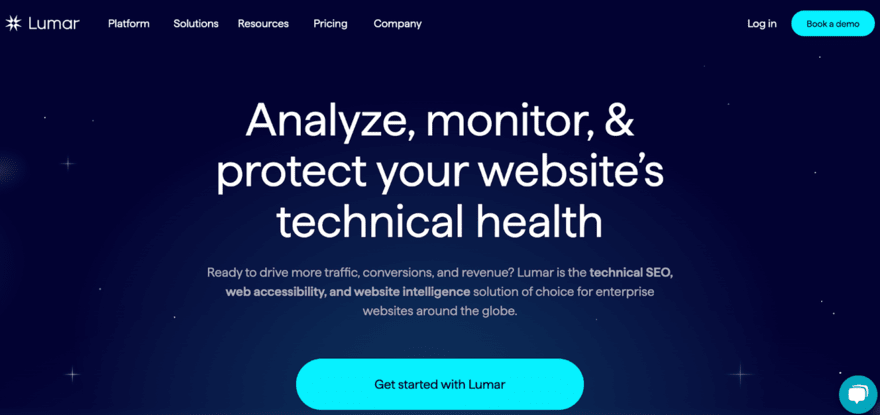Lumar's website header emphasizing their focus on analyzing, monitoring, and protecting a website's technical health to improve traffic, conversions, and revenue, with an invitation to get started or book a demo.