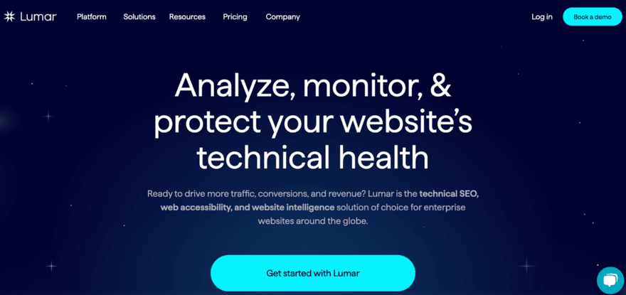 Lumar Lumar's website header emphasizing their focus on analyzing, monitoring, and protecting a website's technical health to improve traffic, conversions, and revenue, with an invitation to get started or book a demo.