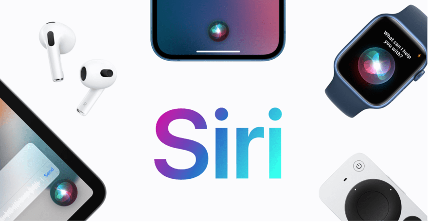 The image displays a variety of devices including wireless earbuds, a smartphone, a smartwatch, and a tablet, all designed to work with a digital assistant named Siri, indicated by the prominent logo in the center. The devices likely feature voice-activated assistance for various tasks and queries.