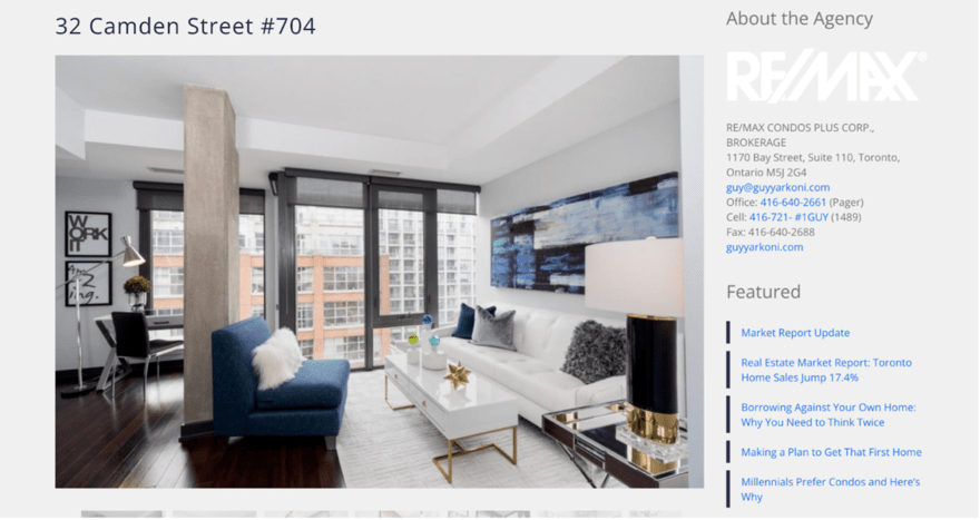GY 2 A stylishly decorated condo at 32 Camden Street #704, with agency contact information for Guy Yarkoni and featured real estate articles on the sidebar.