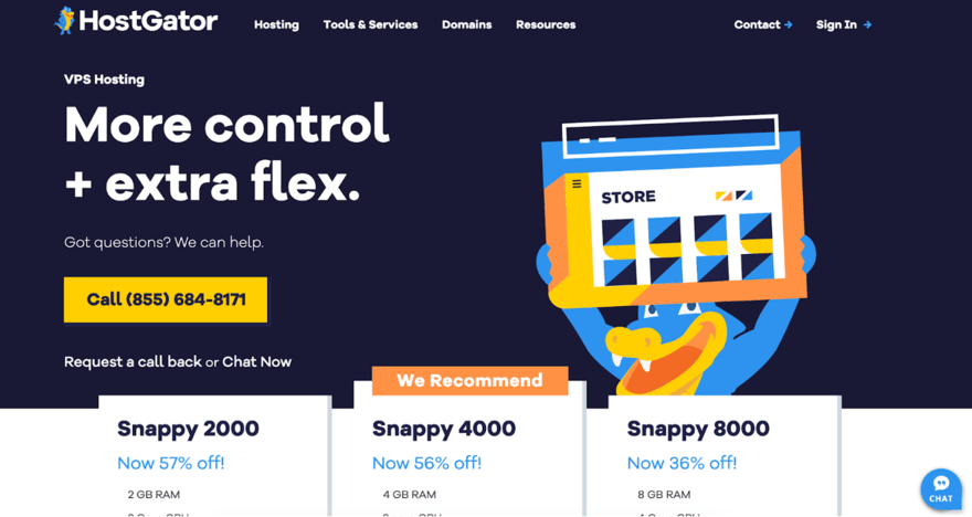 HostGator HostGator VPS Hosting ad featuring an alligator holding a screen with "STORE" and discount offers for various hosting plans.