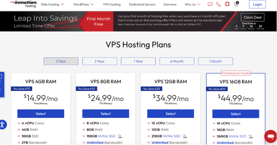 InMotion InMotion Hosting promotion for VPS plans, highlighting discounts on 4GB to 16GB RAM options, with a countdown for a limited-time offer.