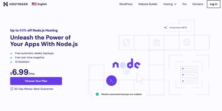Hostinger Advertisement for Hostinger's Node.js hosting service, offering a discount at $6.99/month with features like weekly backups and an AI assistant.