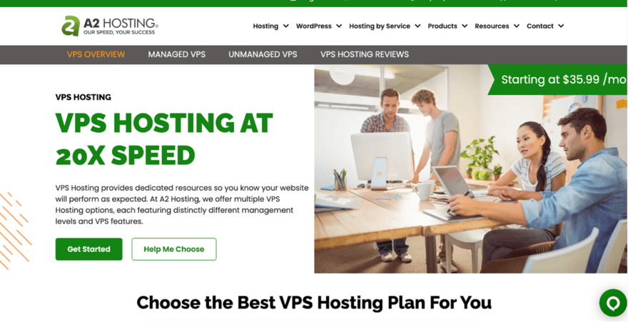 A2 Hosting A2 Hosting VPS promotion with an image of three people working on computers, highlighting "20X SPEED" and starting prices of $35.99/month.