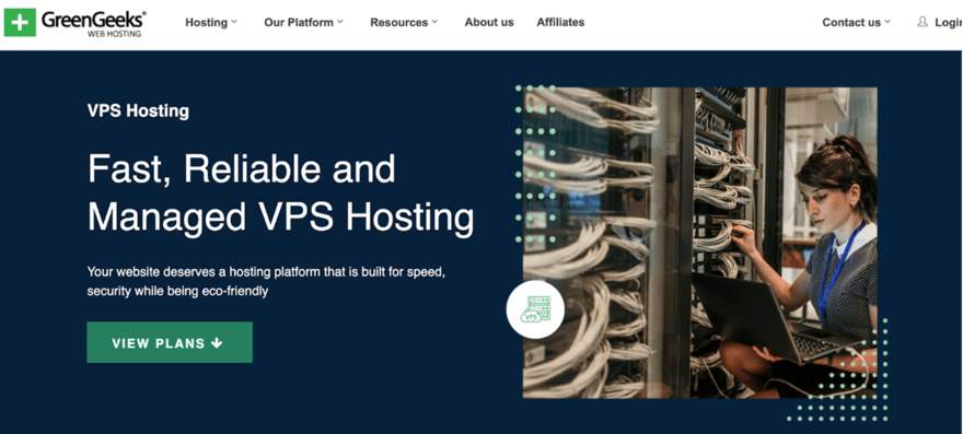 GreenGeeks GreenGeeks VPS Hosting advert with a technician working on servers, emphasizing fast, reliable, and eco-friendly managed services.