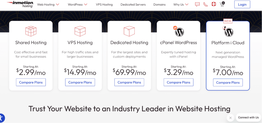 InMotion InMotion Hosting website showcasing various hosting plans including Shared, VPS, Dedicated, and WordPress hosting, with prices starting from $2.99 to $69.99 per month.