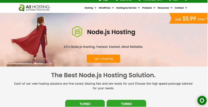A2 Hosting A2 Hosting's promotional banner for Node.js Hosting at $5.99 per month, featuring a child in a superhero cape standing confidently on a pedestal.