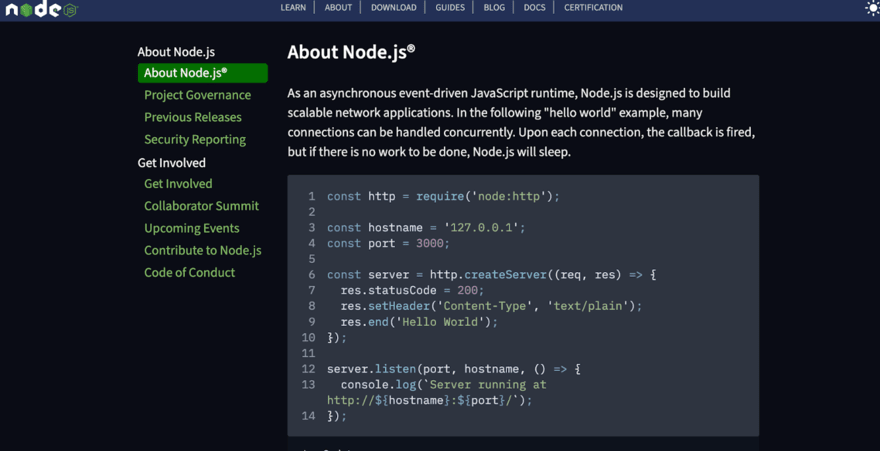 Choosing a Node.js web hosting platform Node.js official website section describing Node.js with an example of "hello world" server code in JavaScript, highlighting asynchronous event-driven architecture.