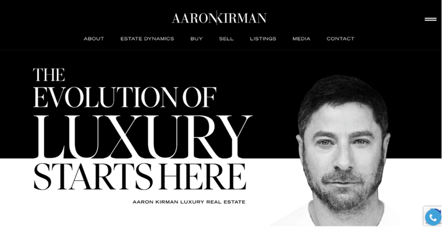 AK Website header for Aaron Kirman, featuring a monochrome theme with his portrait, and the tagline "The Evolution of Luxury Starts Here" for luxury real estate.