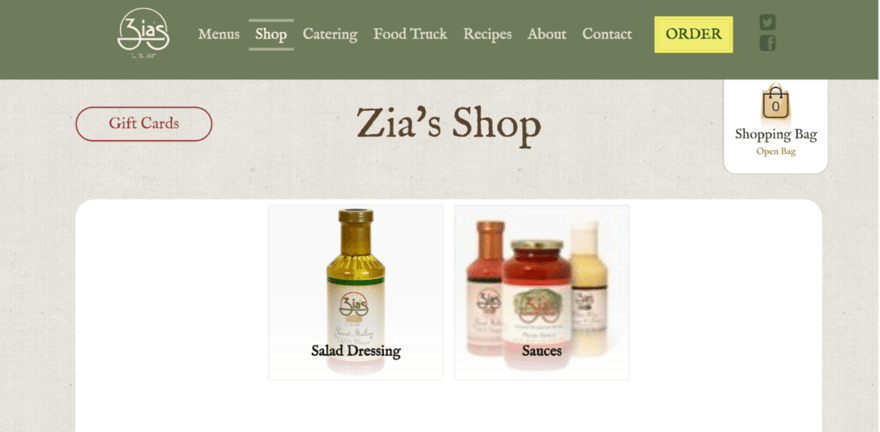 Zia's homepage Homepage of Zia's Shop, selling salad dressings, sauces, and other food products.