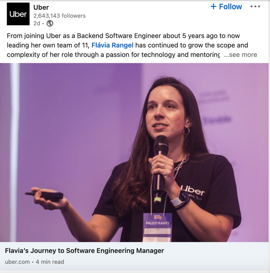 LinkedIn An Uber post on LinkedIn promoting content.