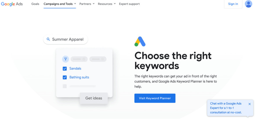 Google Keyword Planner Homepage for Google Keyword Planner