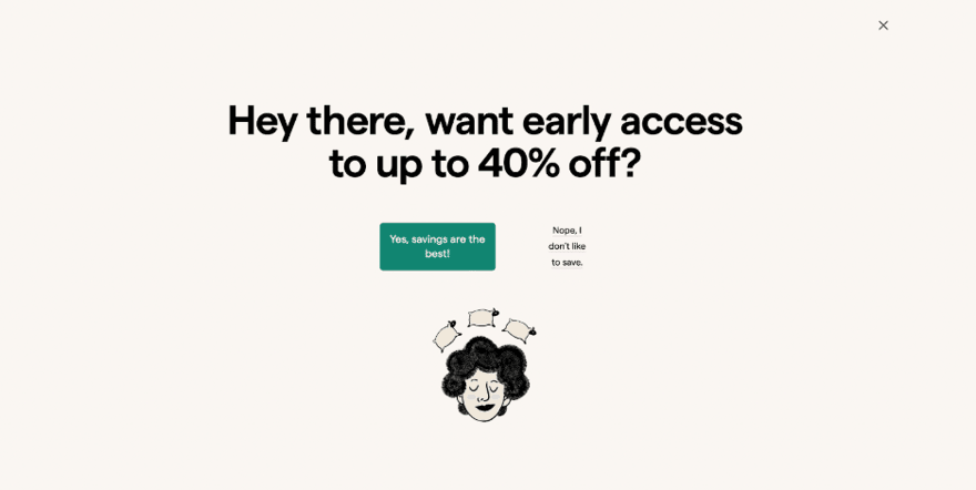 Website pop-up CTA Alt text: "A pop-up window offering early access to a sale of up to 40% off