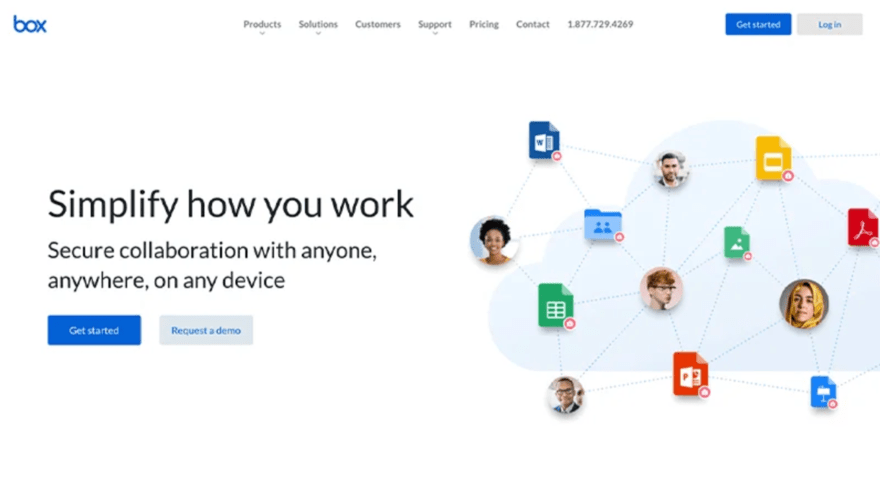 Simple CTA A webpage header from 'Box' showcasing a network diagram of people and document icons with the slogan 'Simplify how you work - Secure collaboration with anyone, anywhere, on any device.