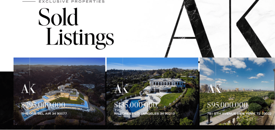 AK2 Web page showcasing sold luxury property listings with images and sale prices, including a mansion in Bel Air and a high-rise in New York.