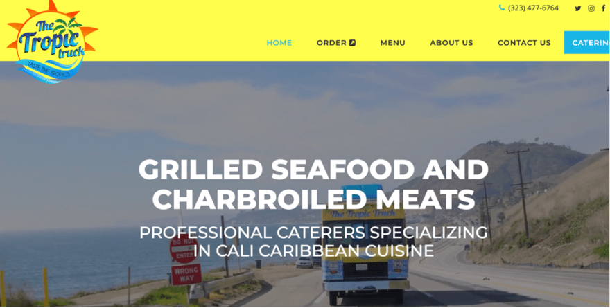 The tropic truck Screenshot of the homepage of The Tropic Truck's website, a food truck specializing in grilled seafood and charbroiled meats.
